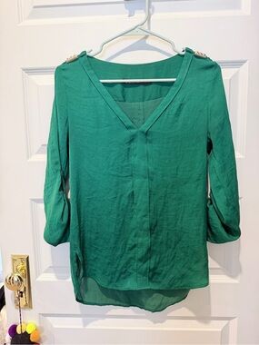Zara Emerald Green V-Neck Roll-Tab Blouse